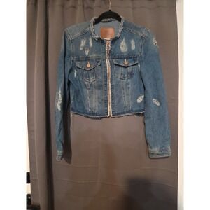 BBJ Los‎ Angeles Distressed Denim Jean Jacket, Youth Large, Cropped Raw Hem